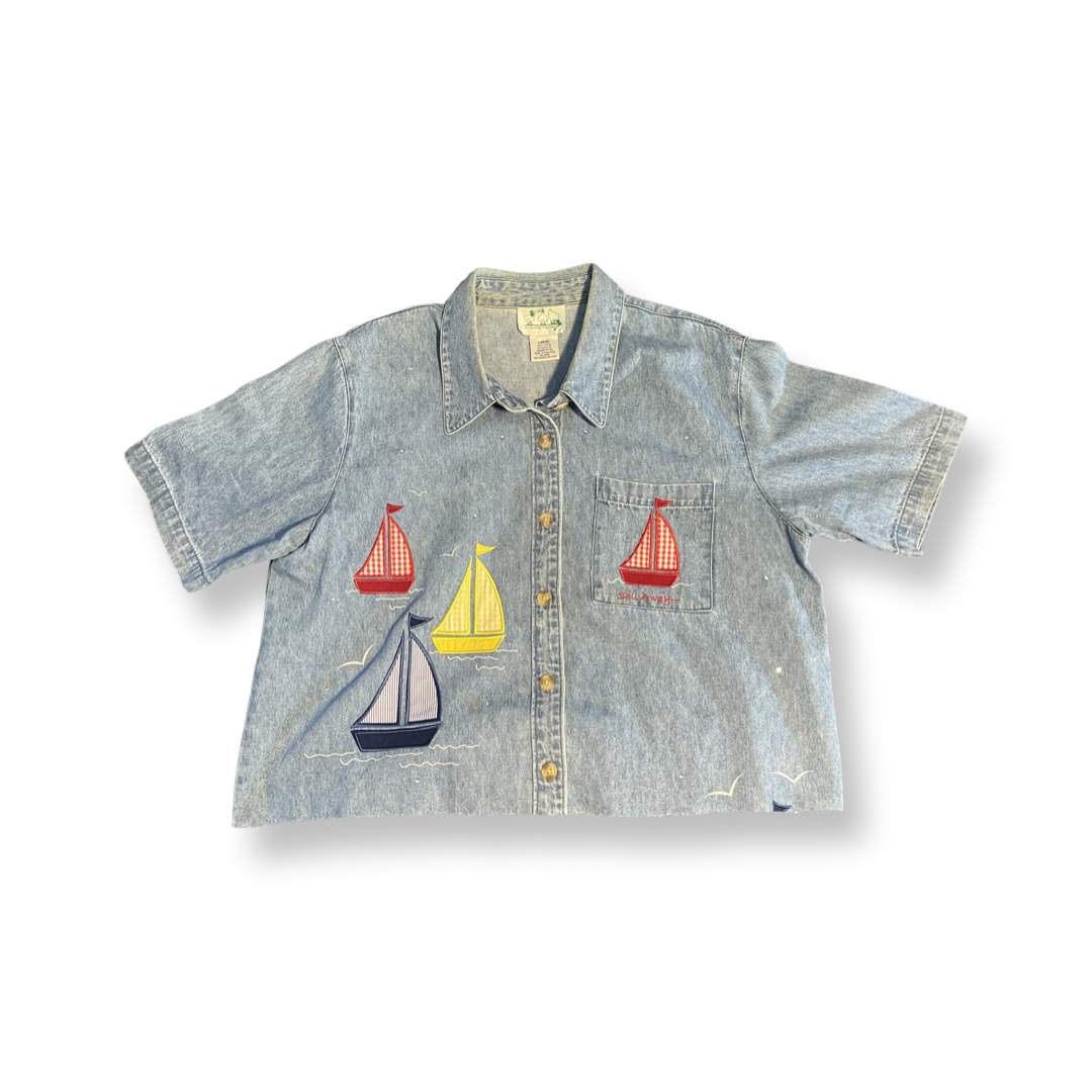 (L) “Sail Away “ Cropped Denim Button Down