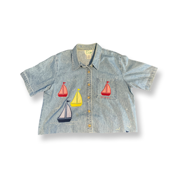 (L) “Sail Away “ Cropped Denim Button Down