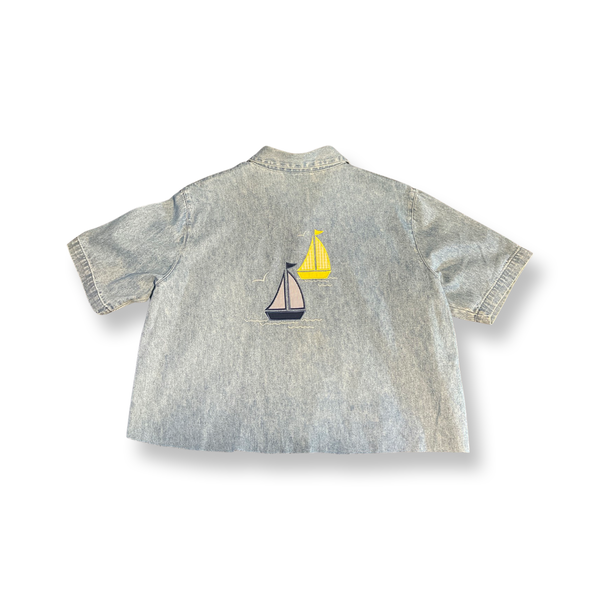 (L) “Sail Away “ Cropped Denim Button Down