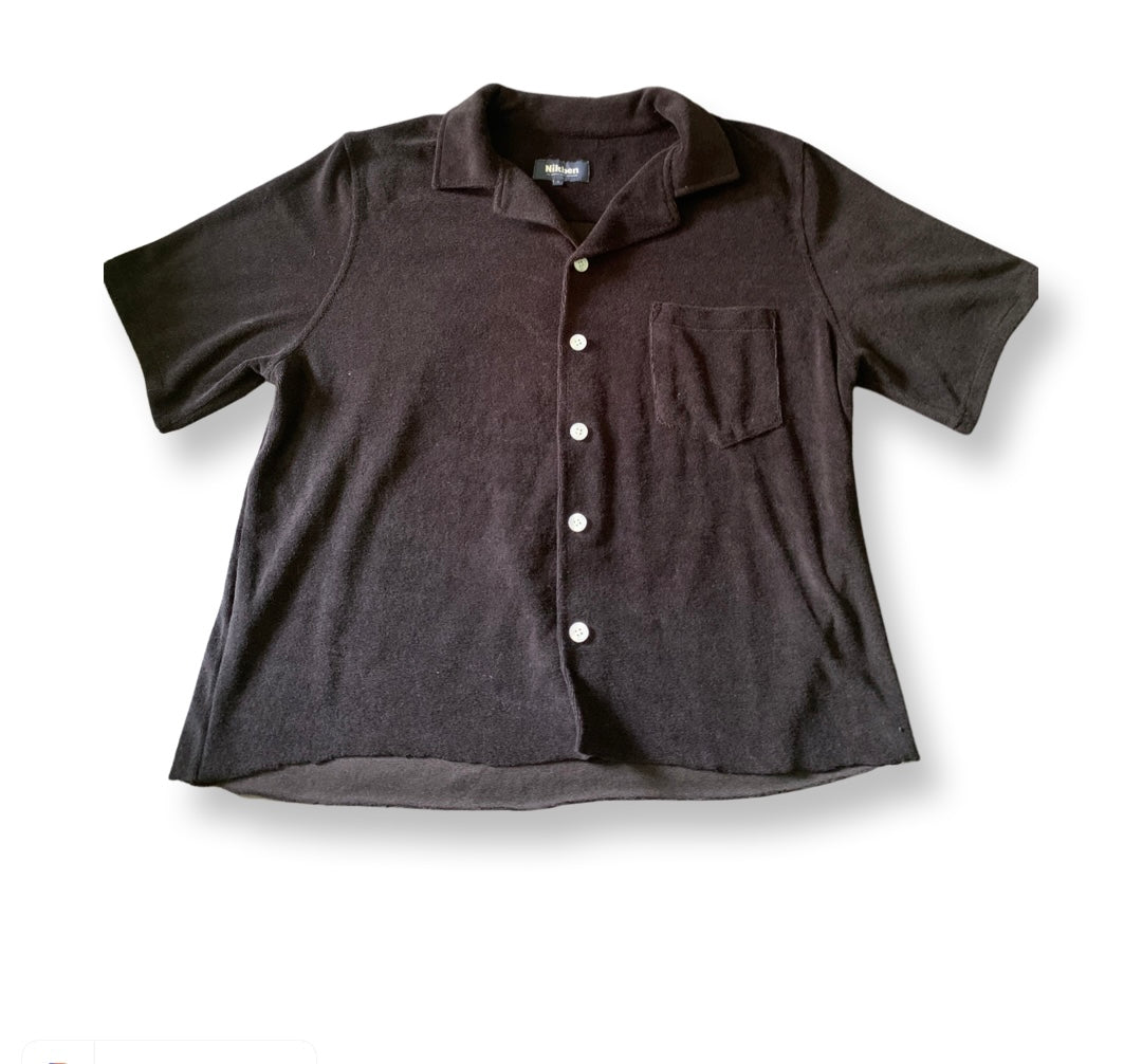(L) Black Velvet Button Up