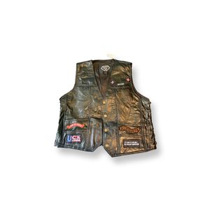 (M) Black Leather “Patched” Biker Vest